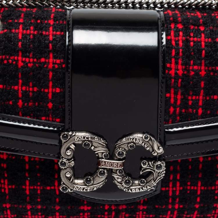 Pre Owned Dolce & Gabbana Black/Red Glossy Leather and Tweed DG Amore Shoulder Bag