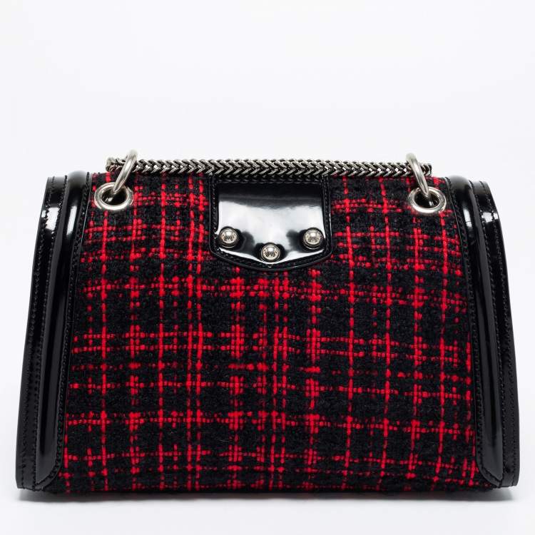 Pre Owned Dolce & Gabbana Black/Red Glossy Leather and Tweed DG Amore Shoulder Bag