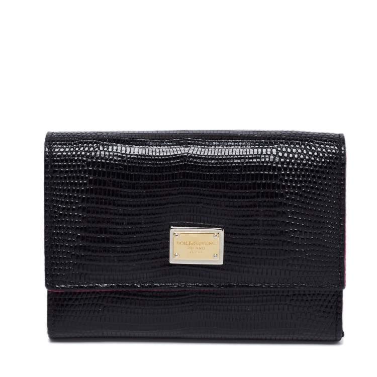 Pre Owned Dolce & Gabbana Black Lizard Embossed Leather Trifold Compact Wallet