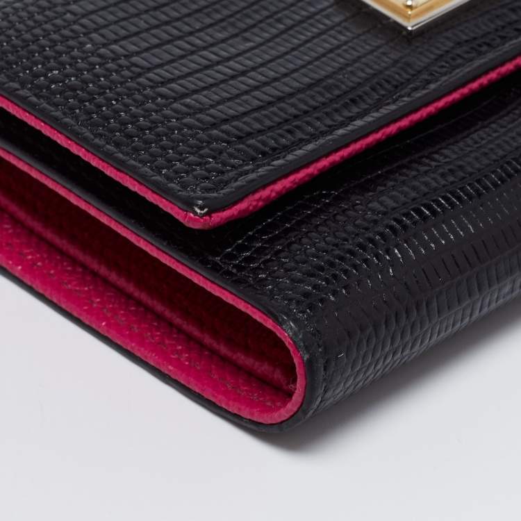 Pre Owned Dolce & Gabbana Black Lizard Embossed Leather Trifold Compact Wallet