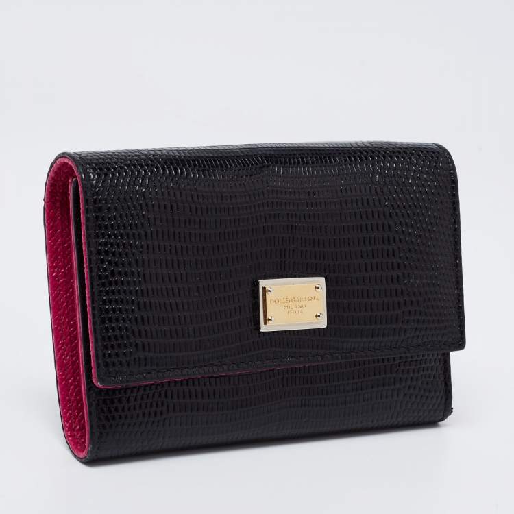 Pre Owned Dolce & Gabbana Black Lizard Embossed Leather Trifold Compact Wallet