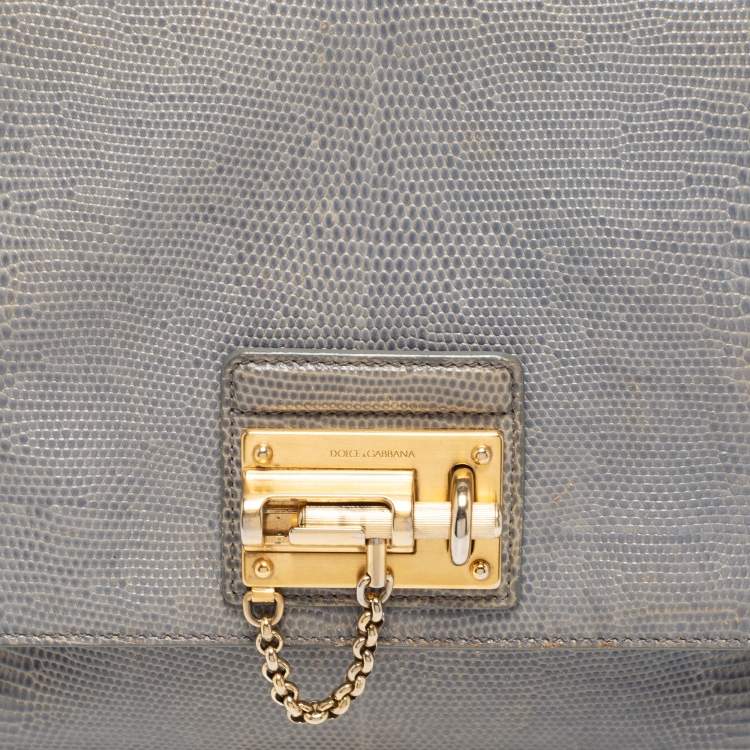 Pre Owned Dolce & Gabbana Grey Lizard Embossed Leather Medium Miss Monica Top Handle Bag