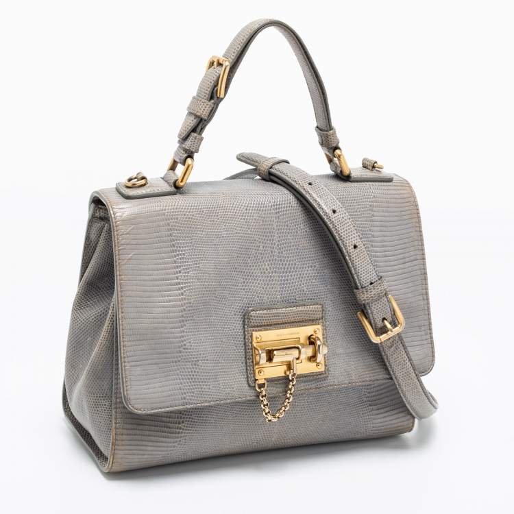 Pre Owned Dolce & Gabbana Grey Lizard Embossed Leather Medium Miss Monica Top Handle Bag