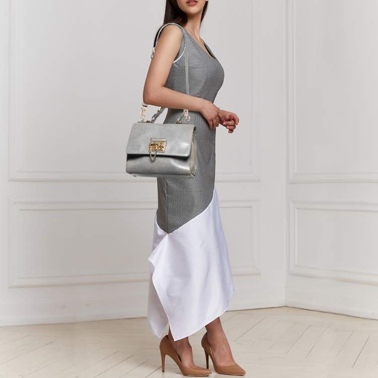 Pre Owned Dolce & Gabbana Grey Lizard Embossed Leather Medium Miss Monica Top Handle Bag