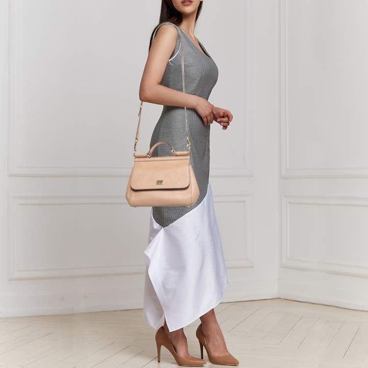 Pre Owned Dolce & Gabbana Beige Leather Medium Miss Sicily Top Handle Bag