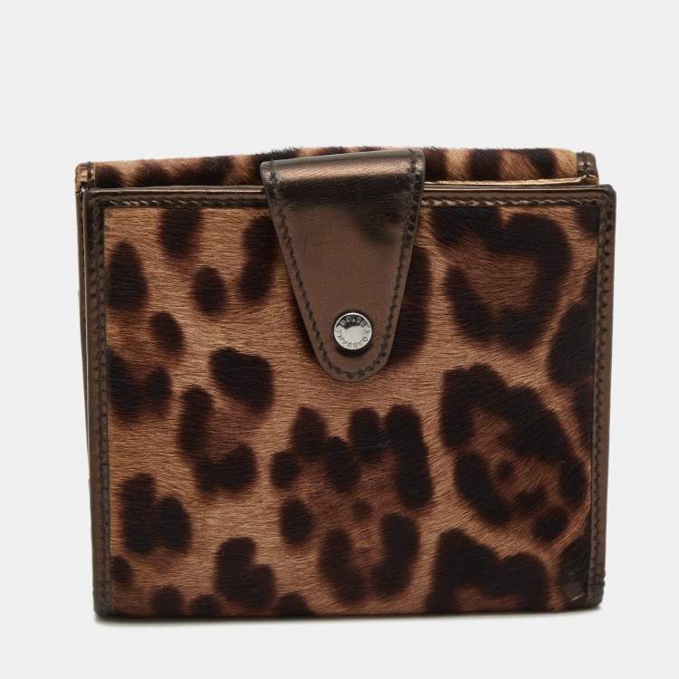 Pre Owned Dolce & Gabbana Brown Leopard Print Calfhair and Patent Leather French Compact Wallet