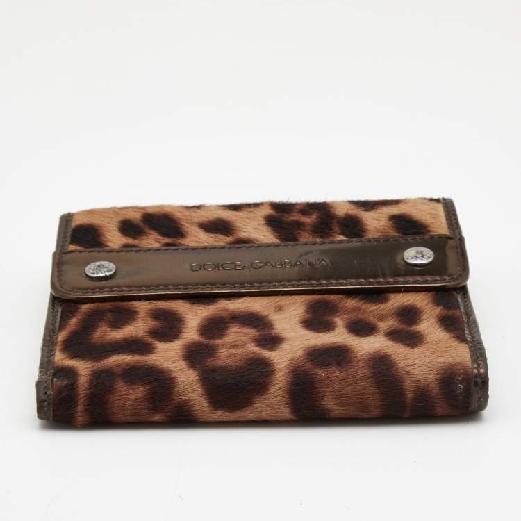 Pre Owned Dolce & Gabbana Brown Leopard Print Calfhair and Patent Leather French Compact Wallet