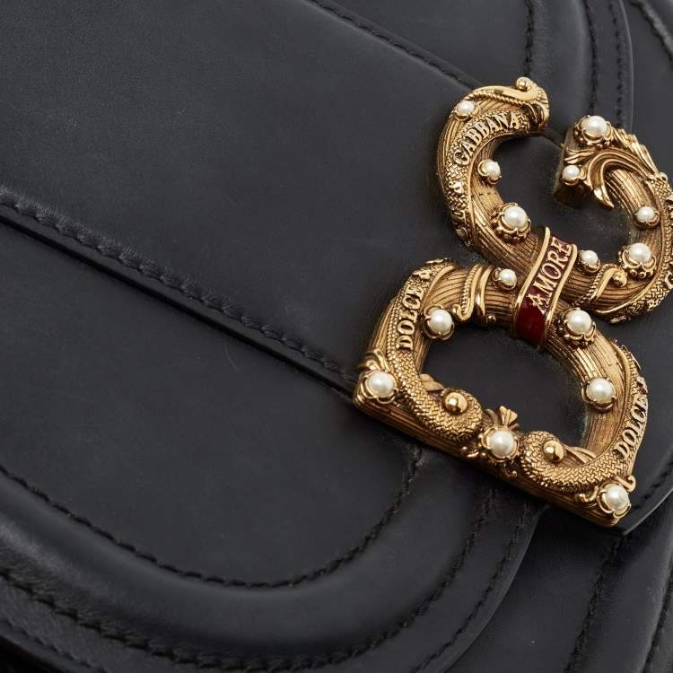 Pre Owned Dolce & Gabbana Black Leather Small Amore Crossbody Bag