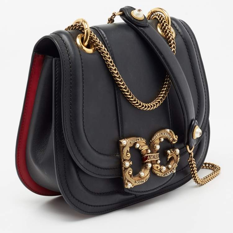 Pre Owned Dolce & Gabbana Black Leather Small Amore Crossbody Bag