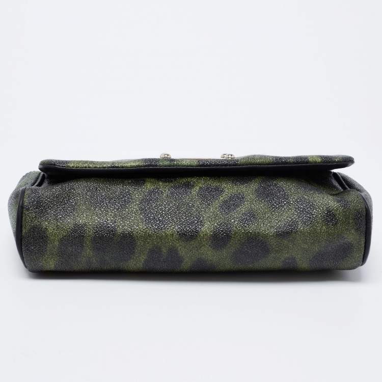 Pre Owned Dolce & Gabbana Green Leopard Print Coated Canvas and Leather Flap Chain Shoulder Bag
