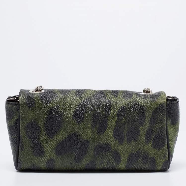 Pre Owned Dolce & Gabbana Green Leopard Print Coated Canvas and Leather Flap Chain Shoulder Bag