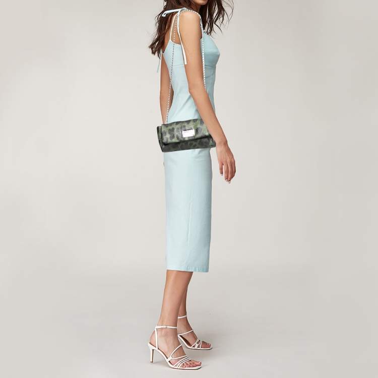 Pre Owned Dolce & Gabbana Green Leopard Print Coated Canvas and Leather Flap Chain Shoulder Bag