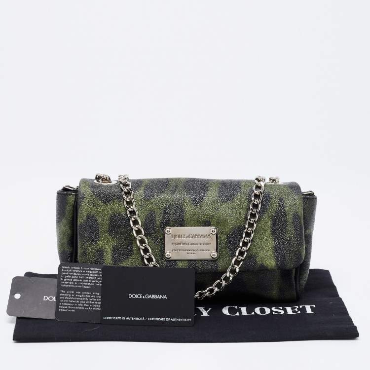 Pre Owned Dolce & Gabbana Green Leopard Print Coated Canvas and Leather Flap Chain Shoulder Bag