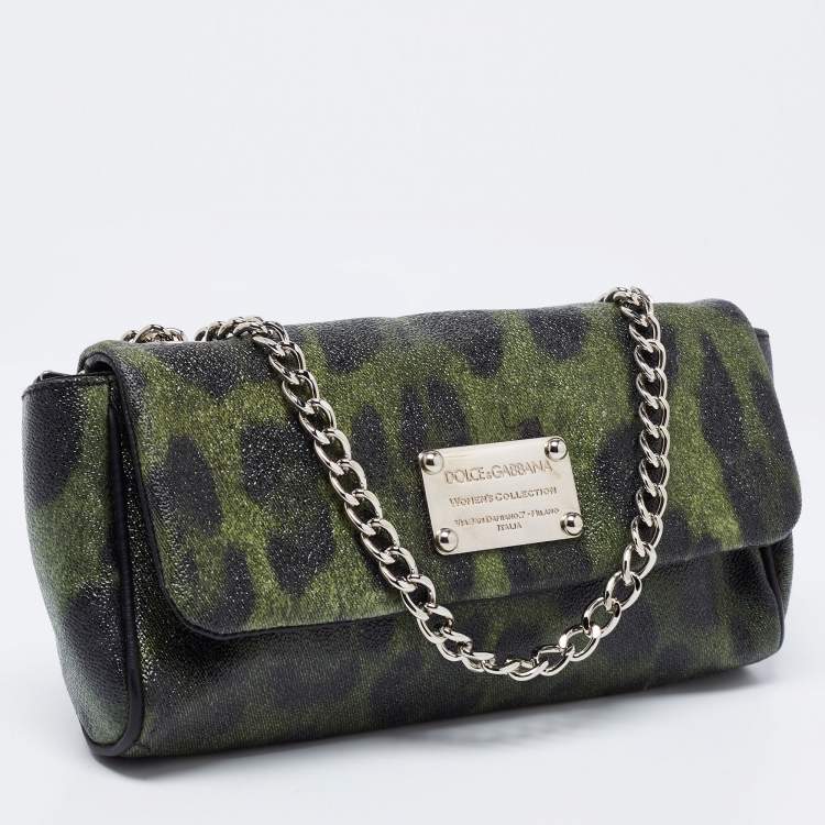 Pre Owned Dolce & Gabbana Green Leopard Print Coated Canvas and Leather Flap Chain Shoulder Bag