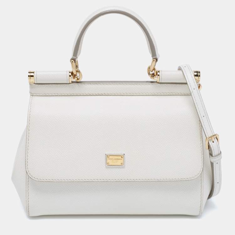 Pre Owned Dolce & Gabbana White Leather Small Miss Sicily Top Handle Bag