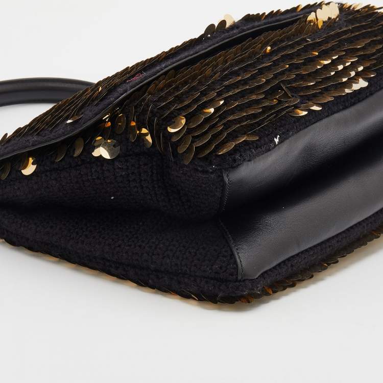Pre Owned Dolce & Gabbana Black/Gold Sequin And Woven Fabric Miss Sicily Top Handle Bag