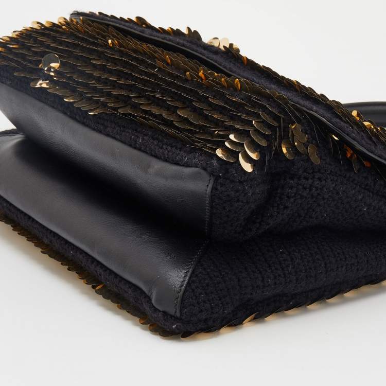 Pre Owned Dolce & Gabbana Black/Gold Sequin And Woven Fabric Miss Sicily Top Handle Bag