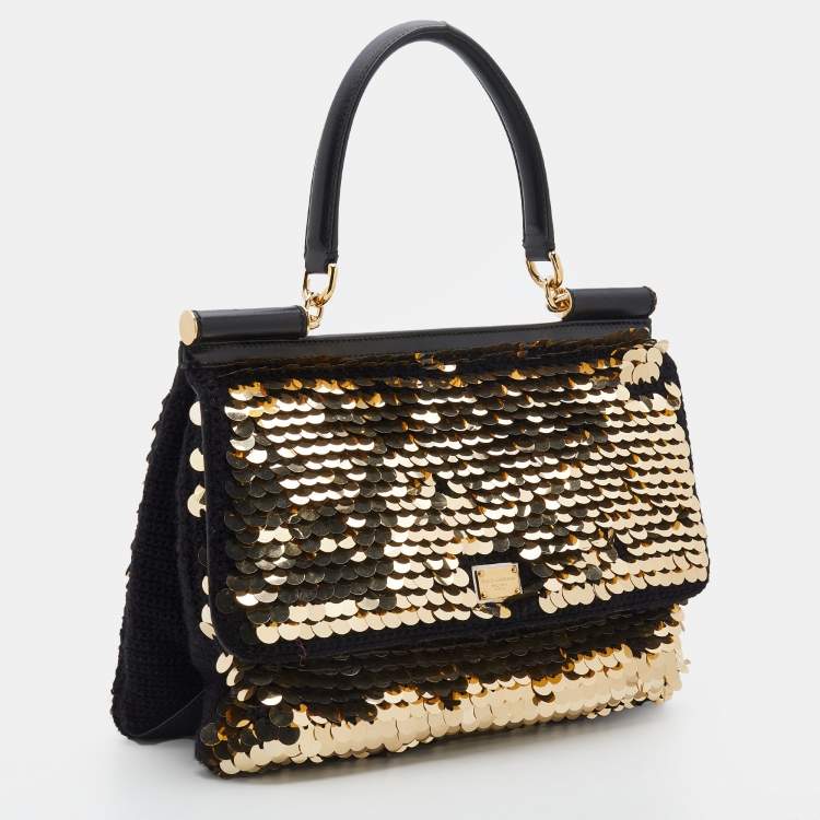 Pre Owned Dolce & Gabbana Black/Gold Sequin And Woven Fabric Miss Sicily Top Handle Bag