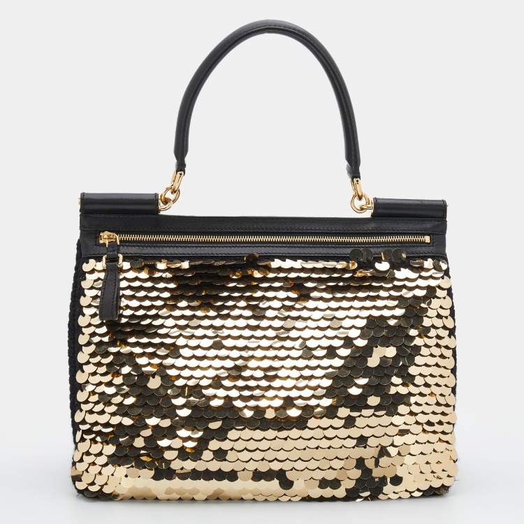 Pre Owned Dolce & Gabbana Black/Gold Sequin And Woven Fabric Miss Sicily Top Handle Bag