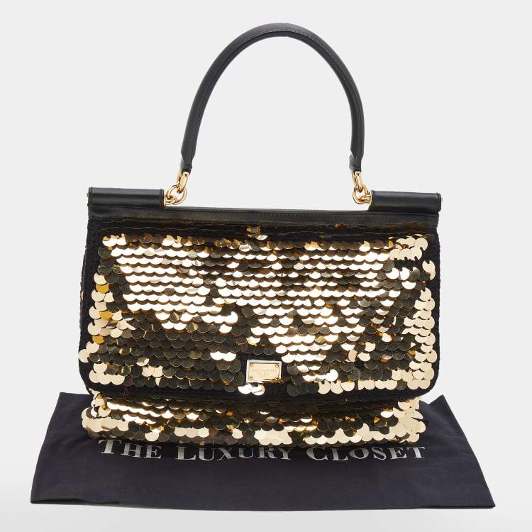 Pre Owned Dolce & Gabbana Black/Gold Sequin And Woven Fabric Miss Sicily Top Handle Bag
