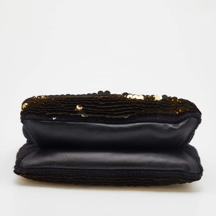 Pre Owned Dolce & Gabbana Black/Gold Sequin And Woven Fabric Miss Sicily Top Handle Bag