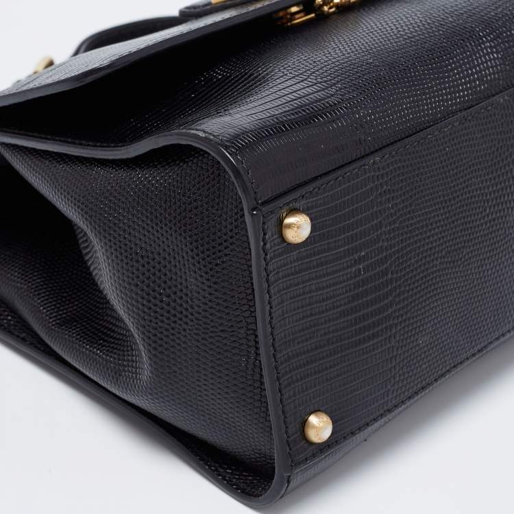 Pre Owned Dolce & Gabbana Black Lizard Embossed Leather Medium Miss Monica Top Handle Bag