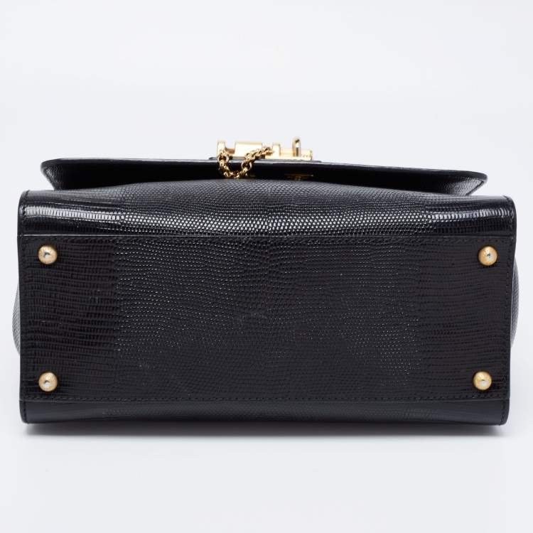 Pre Owned Dolce & Gabbana Black Lizard Embossed Leather Medium Miss Monica Top Handle Bag