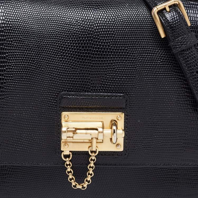 Pre Owned Dolce & Gabbana Black Lizard Embossed Leather Medium Miss Monica Top Handle Bag