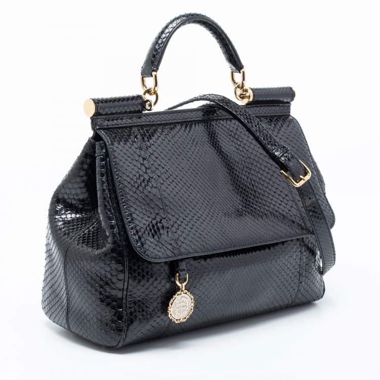 Pre Owned Dolce & Gabbana Black Python Large Miss Sicily Top Handle Bag
