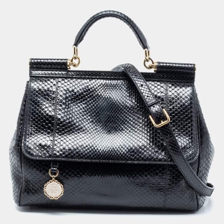 Pre Owned Dolce & Gabbana Black Python Large Miss Sicily Top Handle Bag