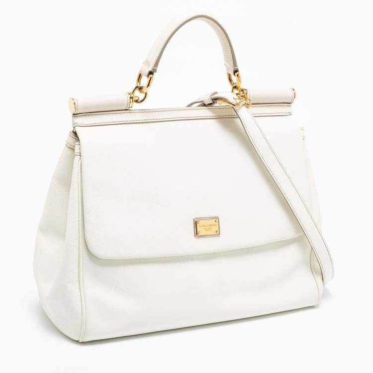 Pre Owned Dolce & Gabbana White Leather Large Miss Sicily Top Handle Bag