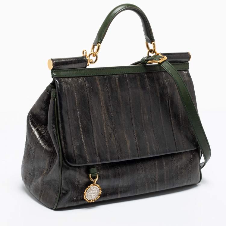 Pre Owned Dolce & Gabbana Black/Green Eel Leather Heritage Miss Sicily Top Handle Bag