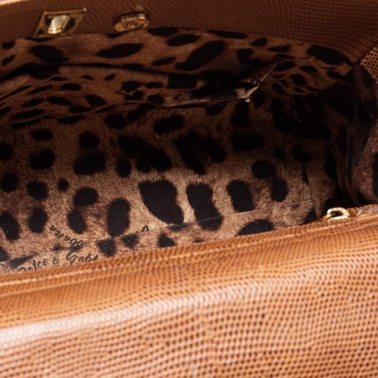 Pre Owned Dolce & Gabbana Brown Lizard Embossed Leather Miss Monica Top Handle Bag