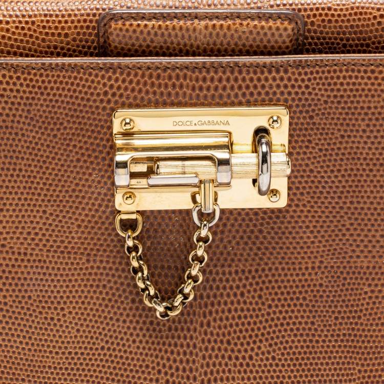Pre Owned Dolce & Gabbana Brown Lizard Embossed Leather Miss Monica Top Handle Bag