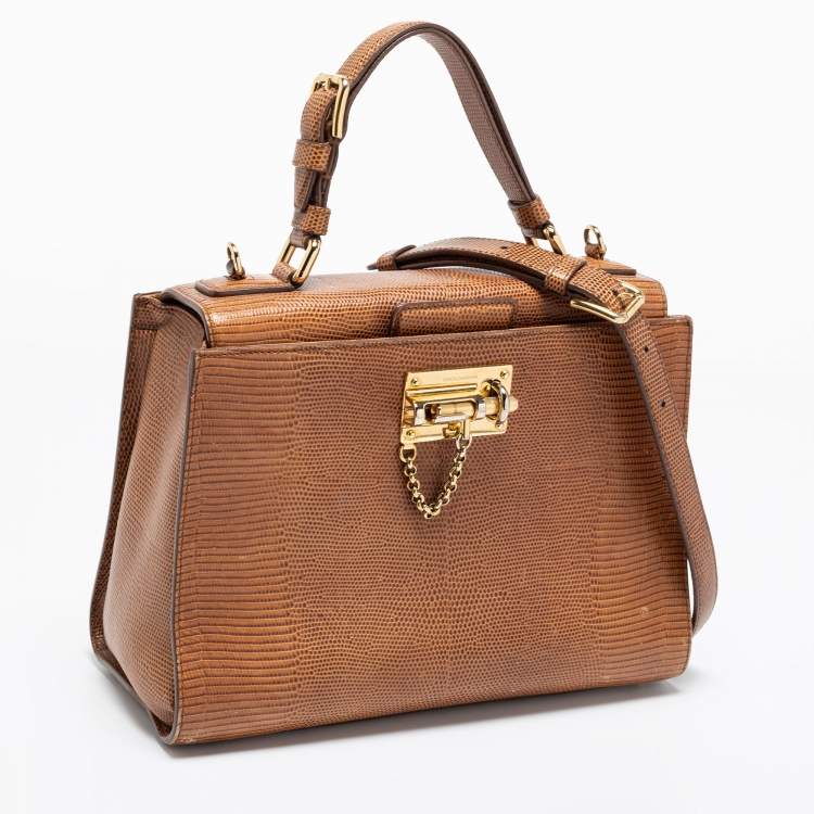 Pre Owned Dolce & Gabbana Brown Lizard Embossed Leather Miss Monica Top Handle Bag