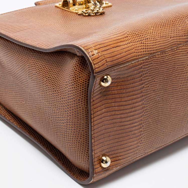 Pre Owned Dolce & Gabbana Brown Lizard Embossed Leather Miss Monica Top Handle Bag