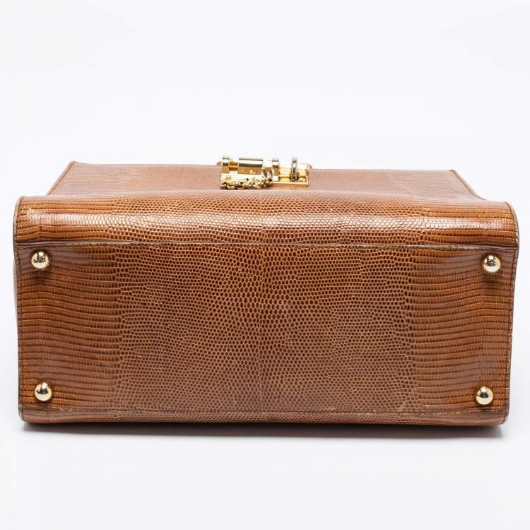 Pre Owned Dolce & Gabbana Brown Lizard Embossed Leather Miss Monica Top Handle Bag