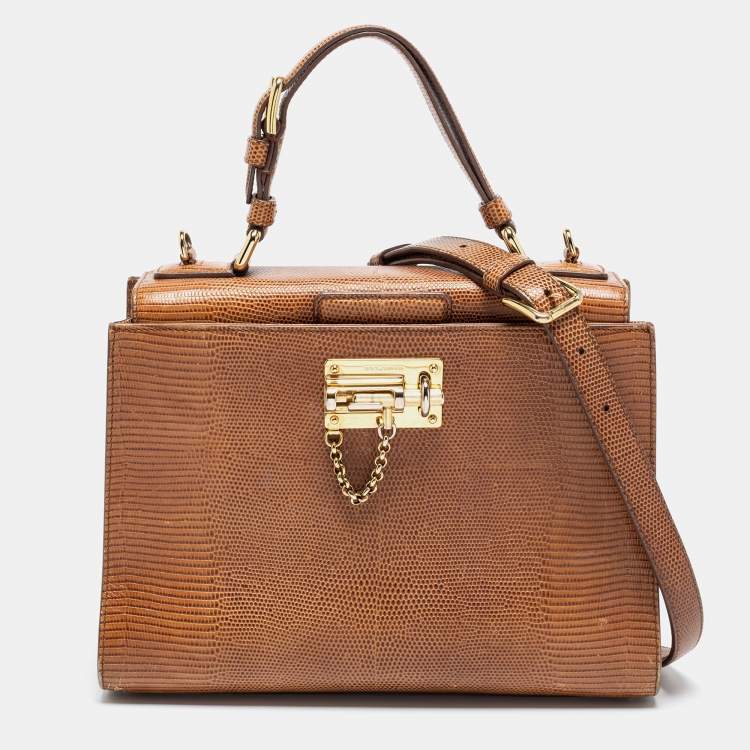 Pre Owned Dolce & Gabbana Brown Lizard Embossed Leather Miss Monica Top Handle Bag