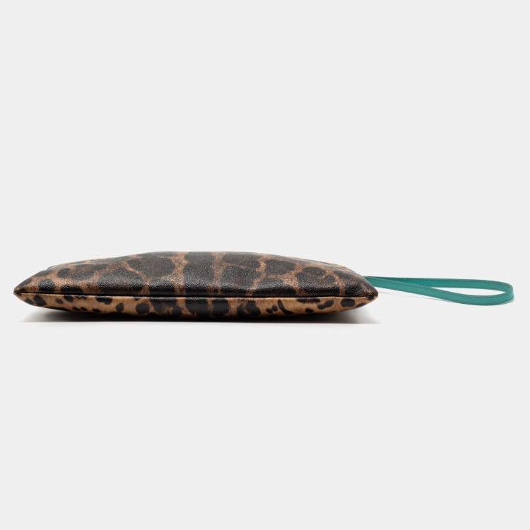 Pre Owned Dolce & Gabbana Brown/Turquoise Leopard Print Coated Canvas and Leather Wristlet Clutch