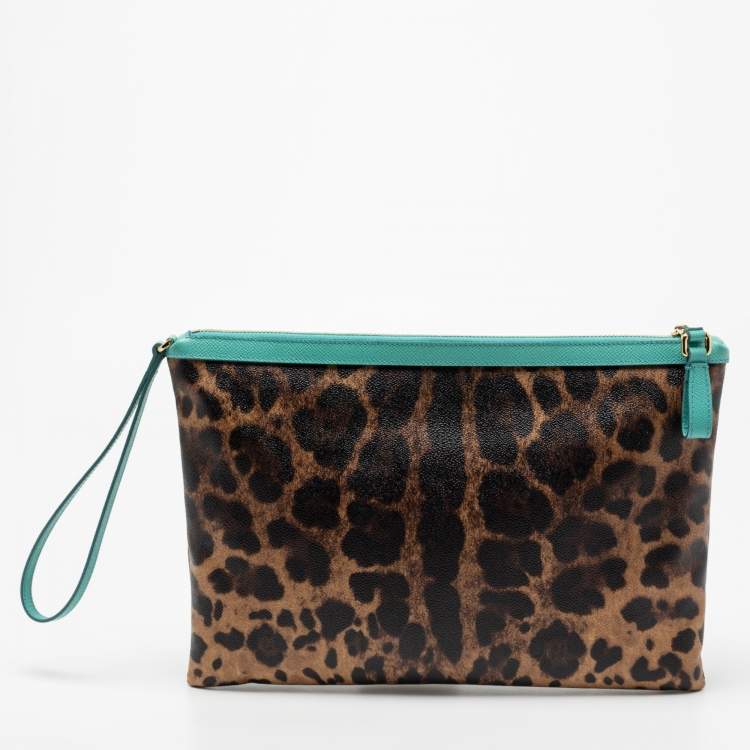 Pre Owned Dolce & Gabbana Brown/Turquoise Leopard Print Coated Canvas and Leather Wristlet Clutch