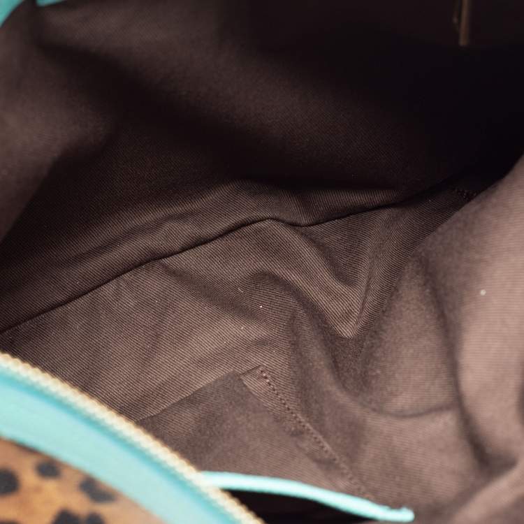 Pre Owned Dolce & Gabbana Brown/Turquoise Leopard Print Coated Canvas and Leather Wristlet Clutch