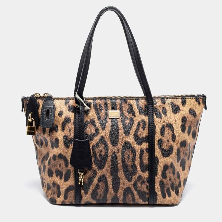 Pre Owned Dolce & Gabbana Brown/Black Animal Print Coated Canvas and Leather Miss Escape Tote
