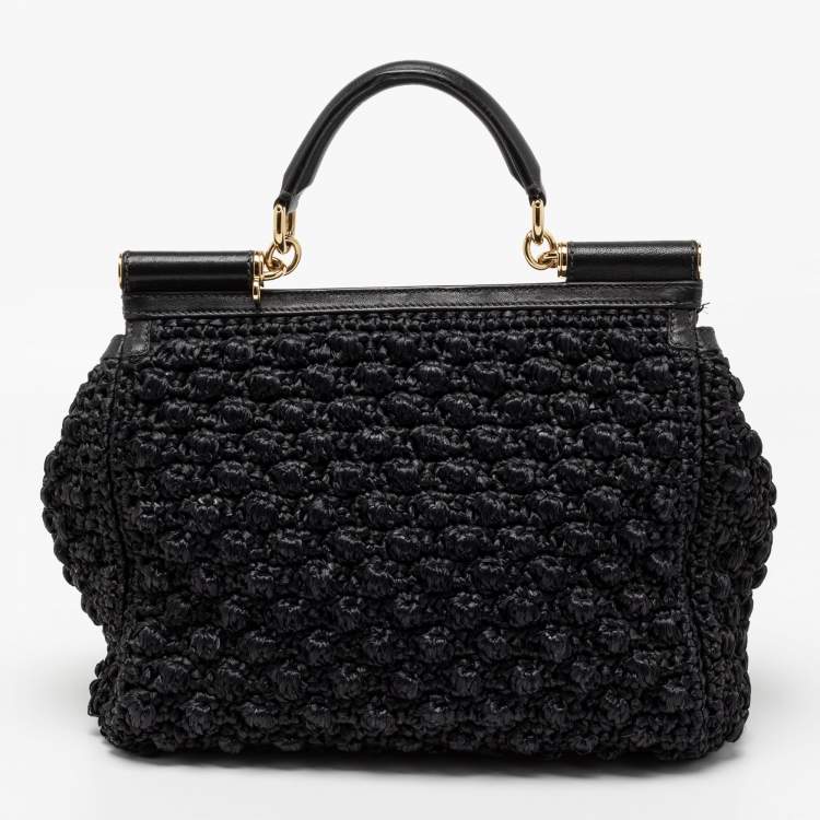 Pre Owned Dolce & Gabbana Black Woven Raffia and Leather Large Miss Sicily Top Handle Bag