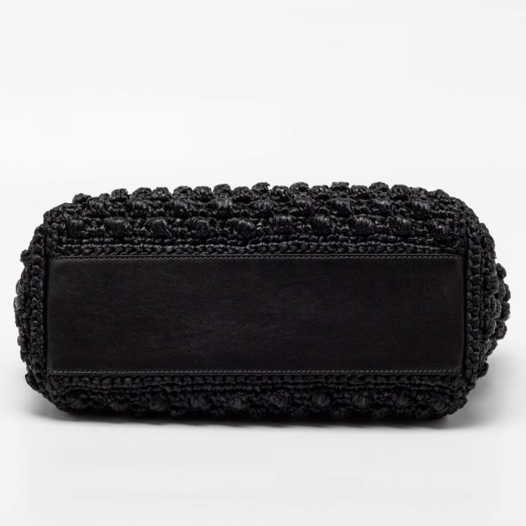Pre Owned Dolce & Gabbana Black Woven Raffia and Leather Large Miss Sicily Top Handle Bag