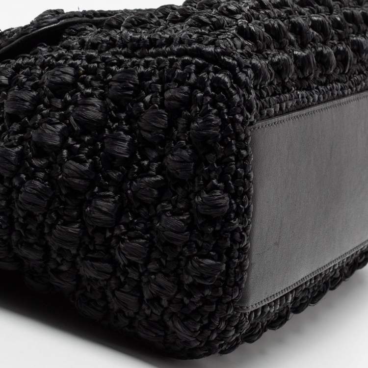 Pre Owned Dolce & Gabbana Black Woven Raffia and Leather Large Miss Sicily Top Handle Bag