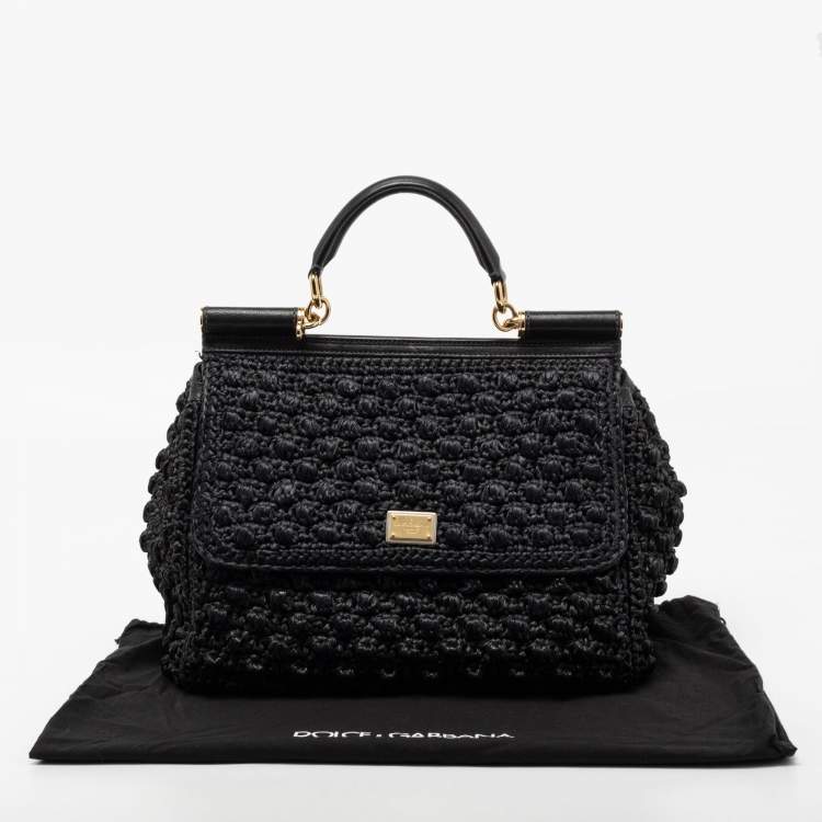 Pre Owned Dolce & Gabbana Black Woven Raffia and Leather Large Miss Sicily Top Handle Bag