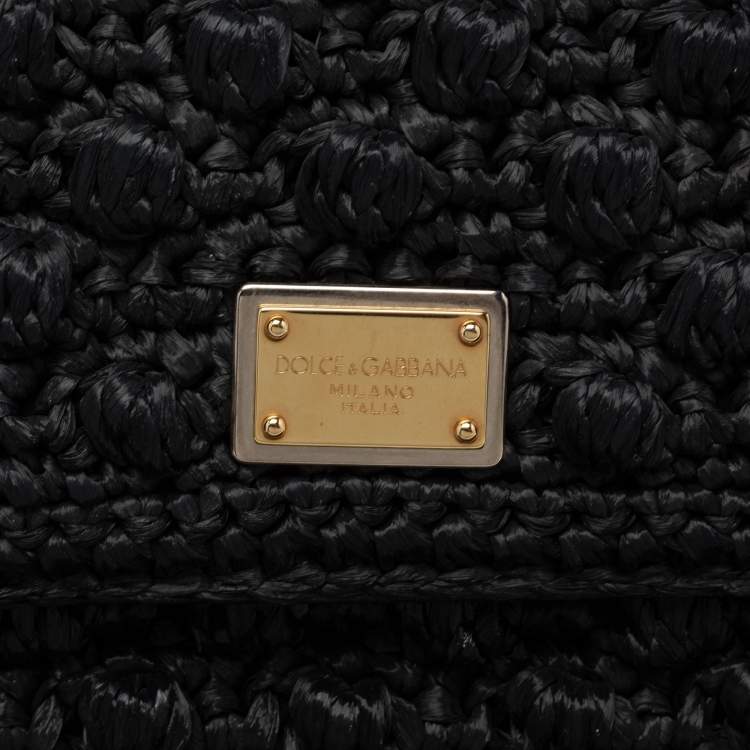 Pre Owned Dolce & Gabbana Black Woven Raffia and Leather Large Miss Sicily Top Handle Bag