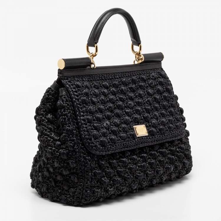 Pre Owned Dolce & Gabbana Black Woven Raffia and Leather Large Miss Sicily Top Handle Bag