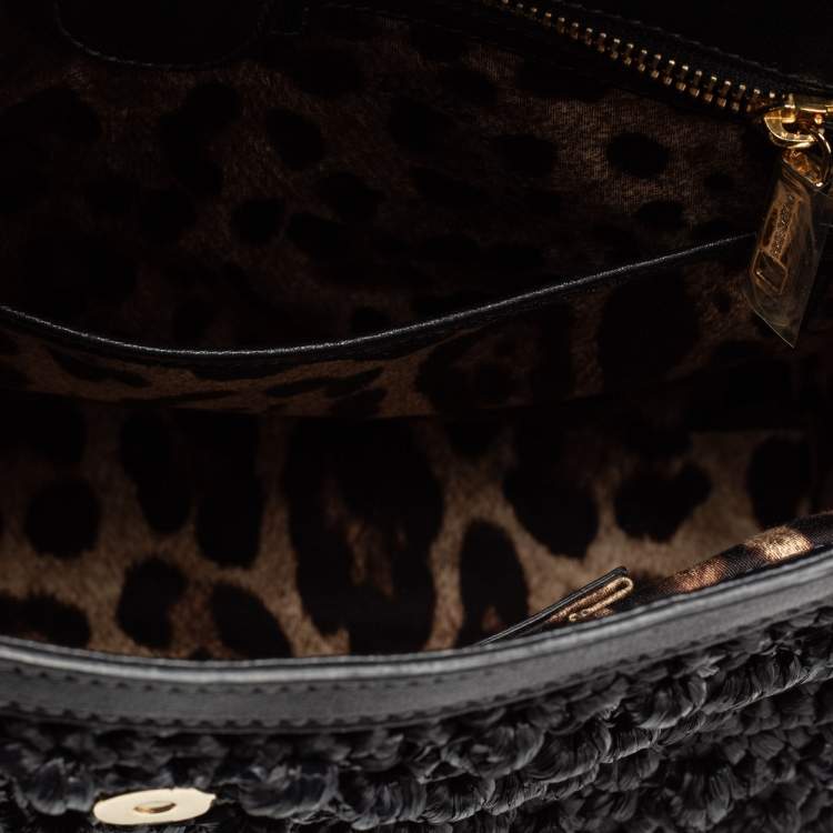 Pre Owned Dolce & Gabbana Black Woven Raffia and Leather Large Miss Sicily Top Handle Bag