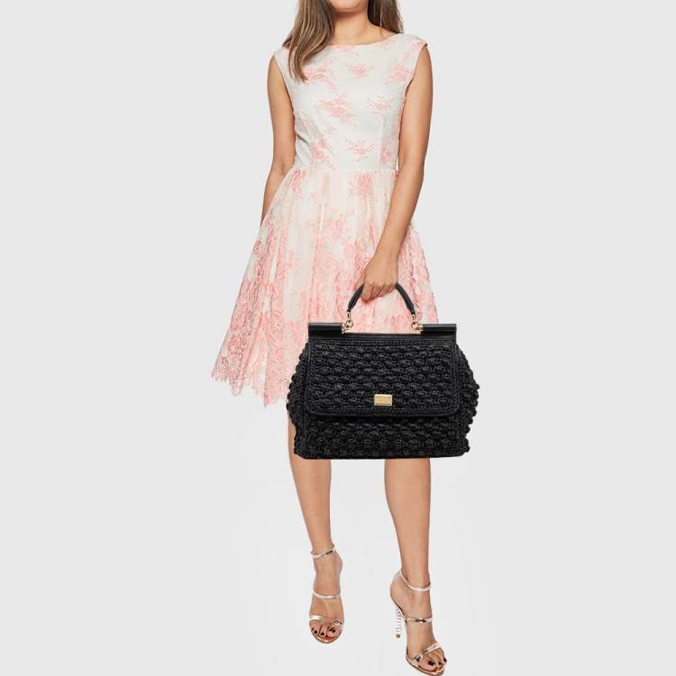 Pre Owned Dolce & Gabbana Black Woven Raffia and Leather Large Miss Sicily Top Handle Bag